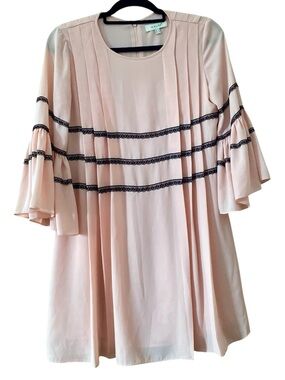 Elise Pink Black Lace Trim Pleated Bell Sleeve Shift Dress Size S